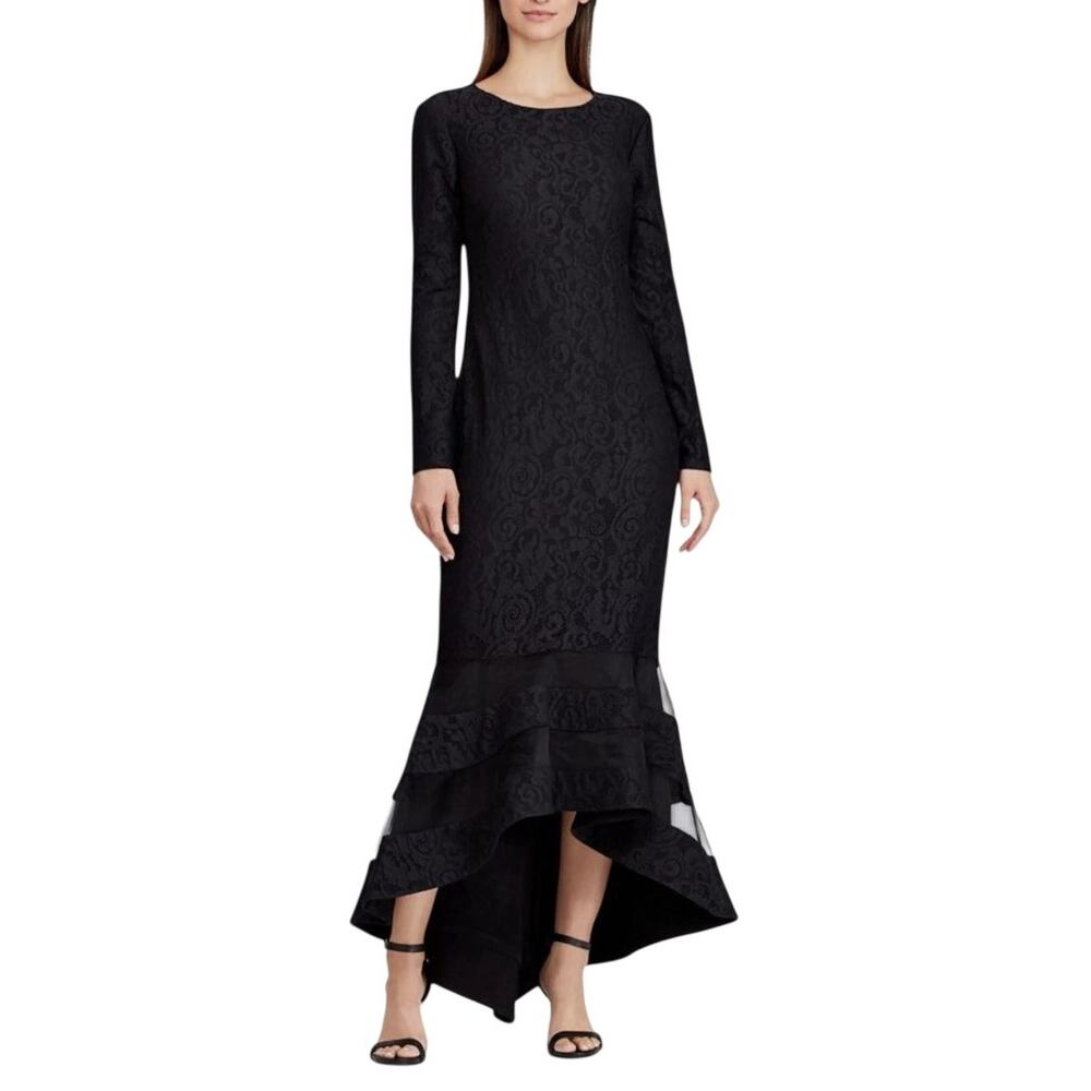 Ralph Lauren Womens Fluted Lace Gown Dress Long Sleeve Striped Hem Evening - 12